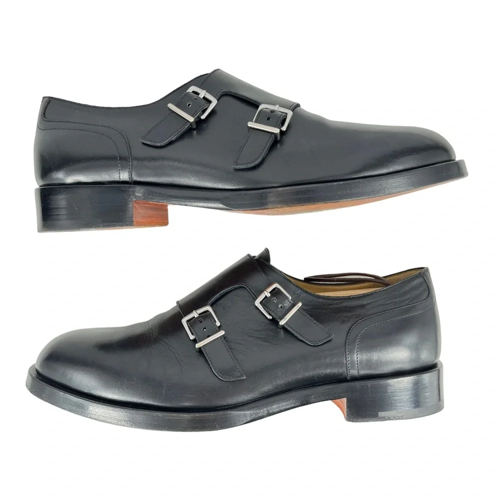 Hermès Men’s 42 Double Monk Strap Black Calfskin Dress Shoes Silver‎ Buckles